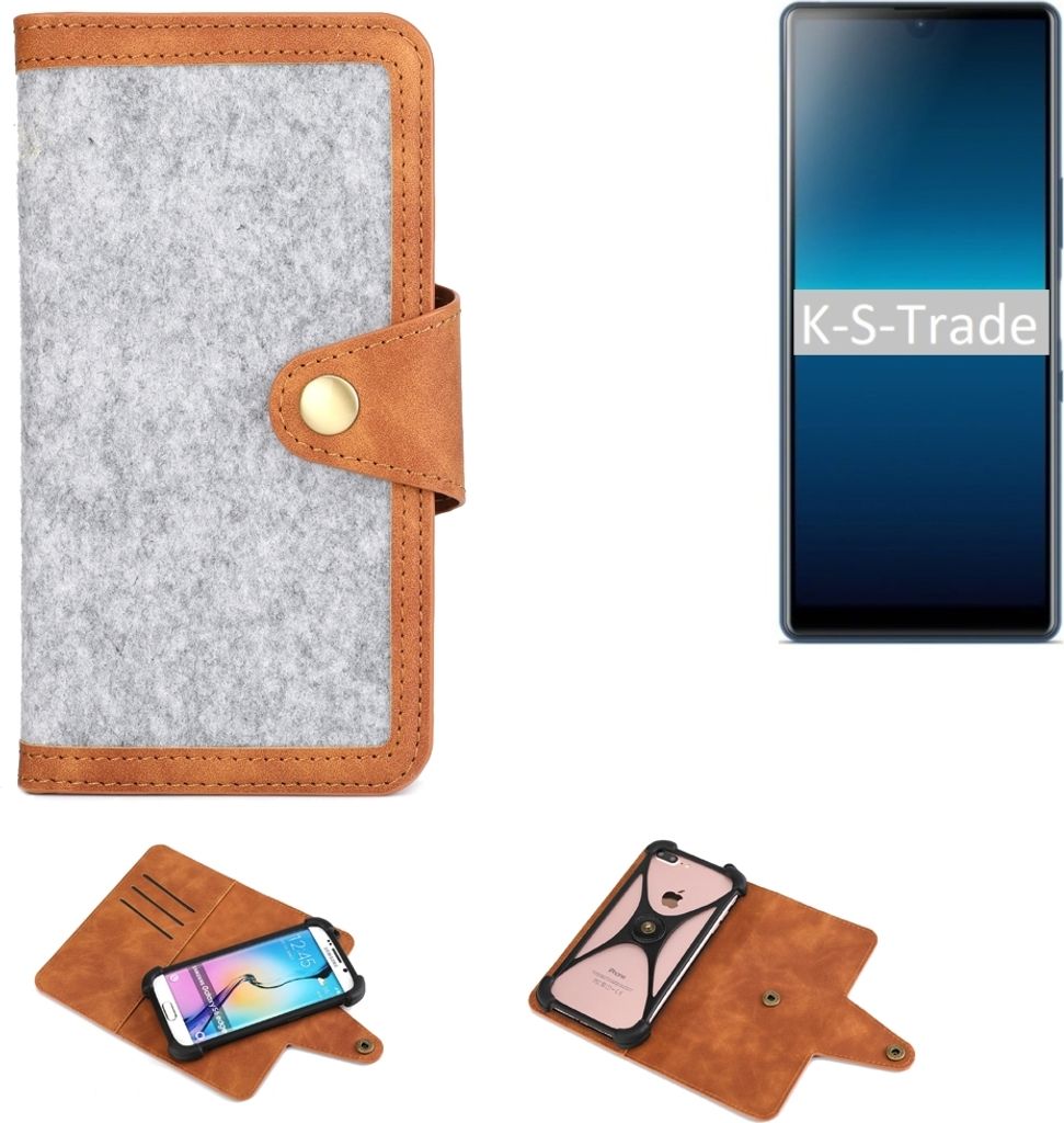 K-S-Trade Handyhülle kompatibel mit Sony Xperia L4 Schutzhülle Filz-Hülle Kunst-Leder hellgrau braun (1x)