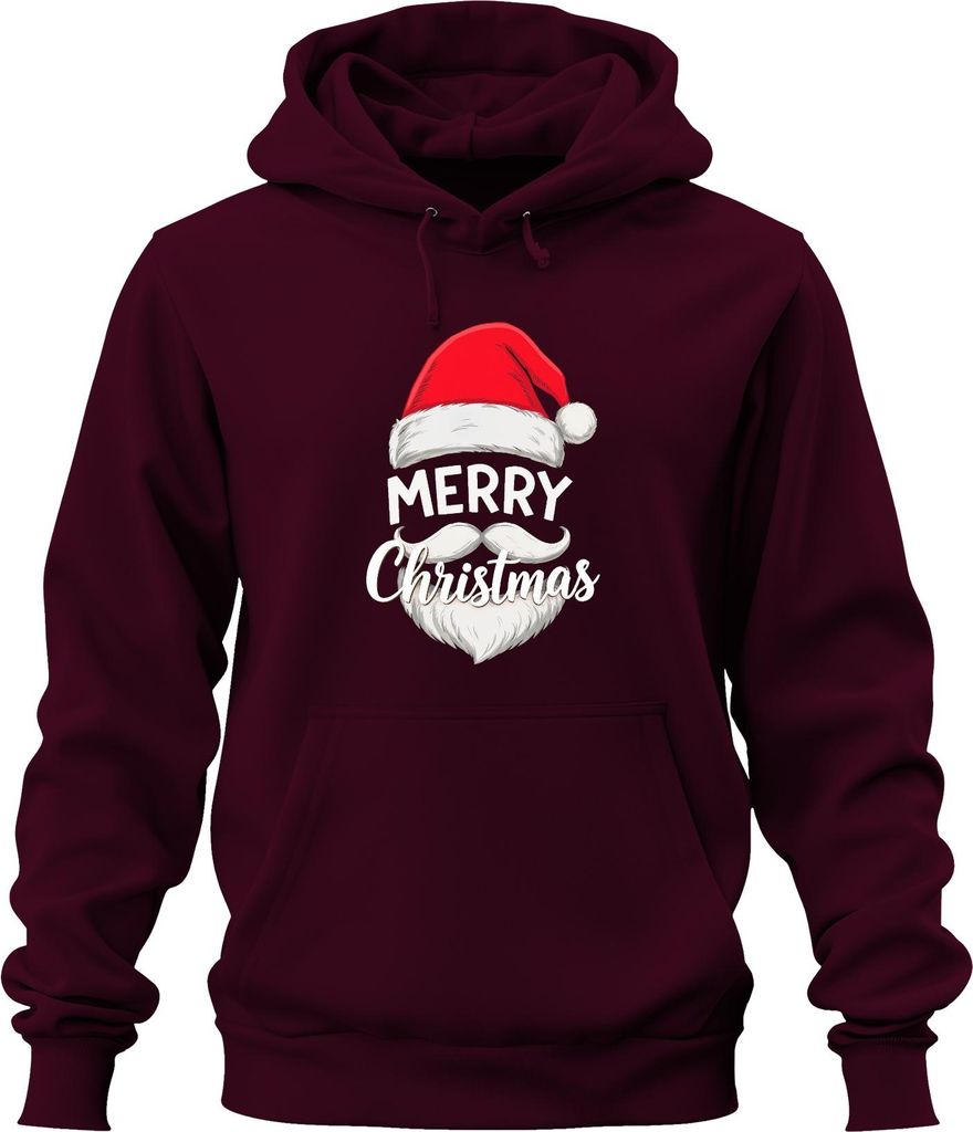 Merry Christmas Weihnachtsmann Nikolaus Mütze Bart Lustig Retro Uni Hoodie Kapuzenpullover, Burgundy, M