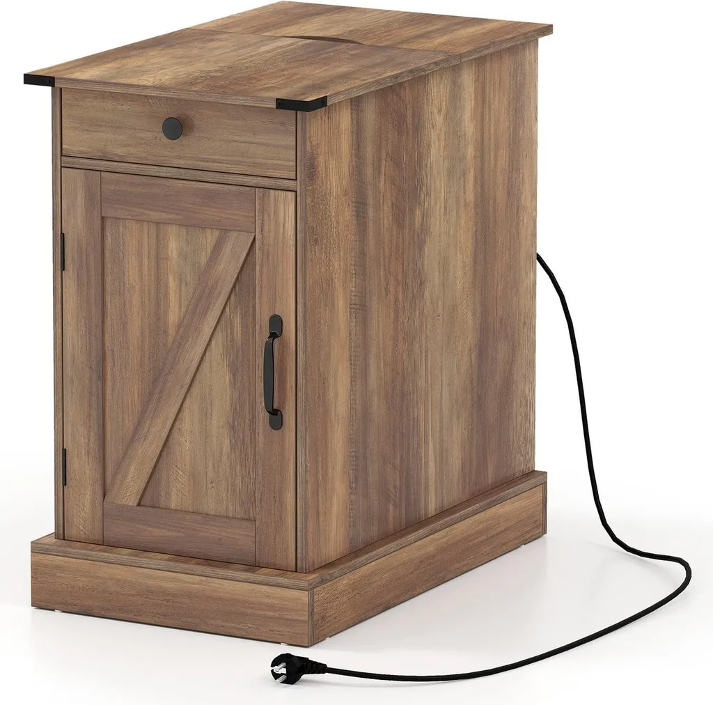 Petite Table de Nuit avec Station de Charge et Étagère Mobile - Grise