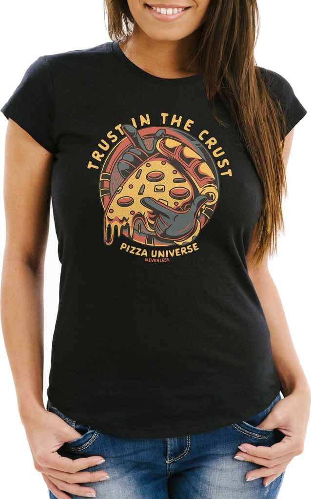 Damen T-Shirt Pizza Motiv Comic Stil Spruch Trust in the crust Fashion Streetstyle Slim Fit Neverless schwarz S
