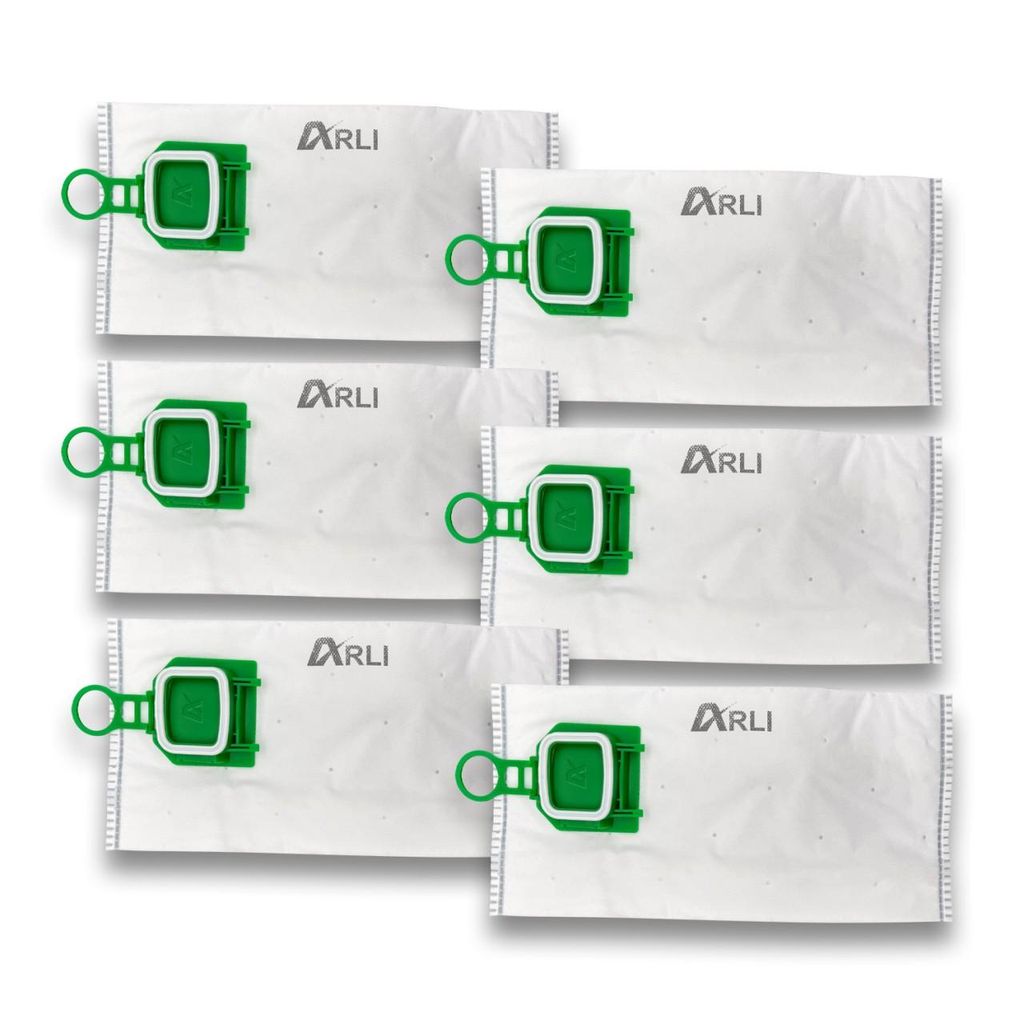 A stack of six vacuum cleaner bags, each with a green plastic attachment and the brand name 'ARLI' printed on it.