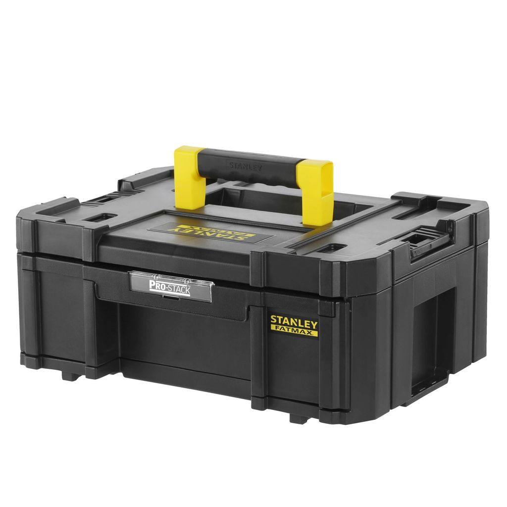 A black STANLEY FATMAX TSTAK tool box with a yellow handle is shown against a white background.