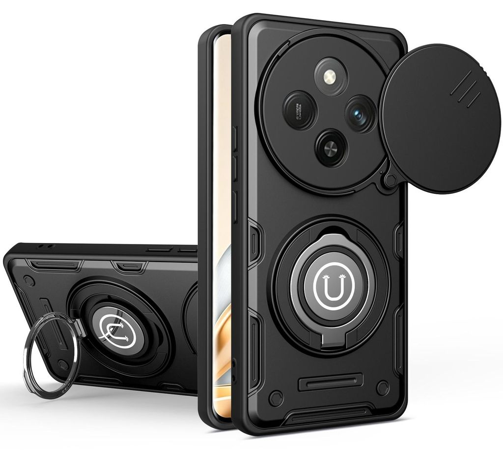 Magnetische Handyhülle für Honor X9C / Magic7 Lite mit Kameraschutz Schieber, Ringhalter und Ständer, Stoßfeste Hülle Schwarz