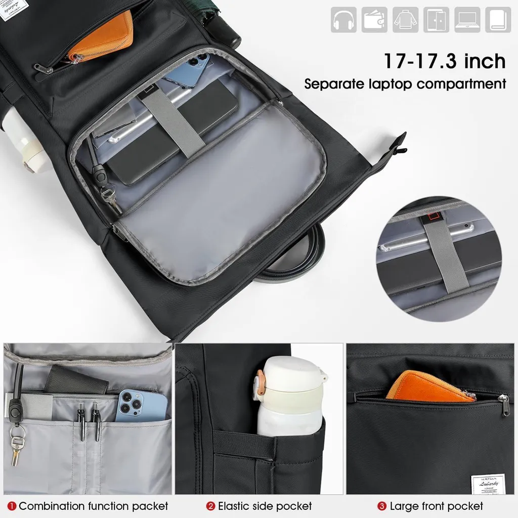 Sac à dos Rolltop imperméable avec compartiment PC 17,3 pouces noir - 2