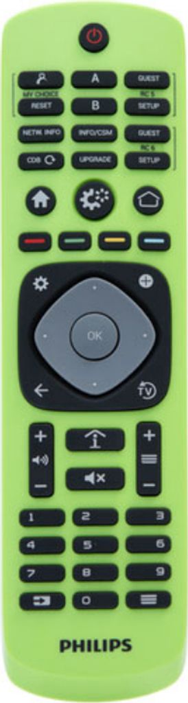 A bright green Philips remote control is shown against a light green background.