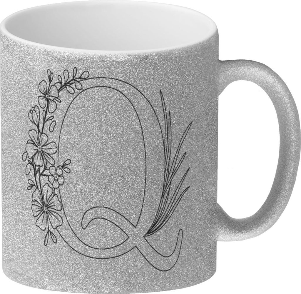 Floral Buchstabe Q Glitzer-Kaffeebecher zum Ausmalen für Kunstliebhaber