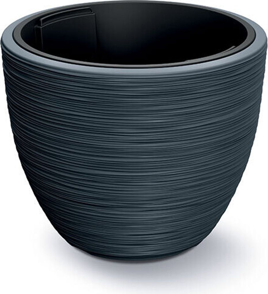 A dark gray, textured planter with a black inner pot, shown against a white background.