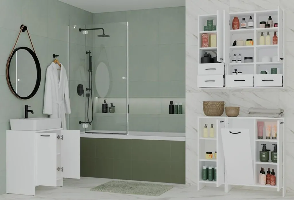 Mobile Colonna Bagno NINA 1K1D: 3 Ripiani e Cesto Bucato Bianco - 3