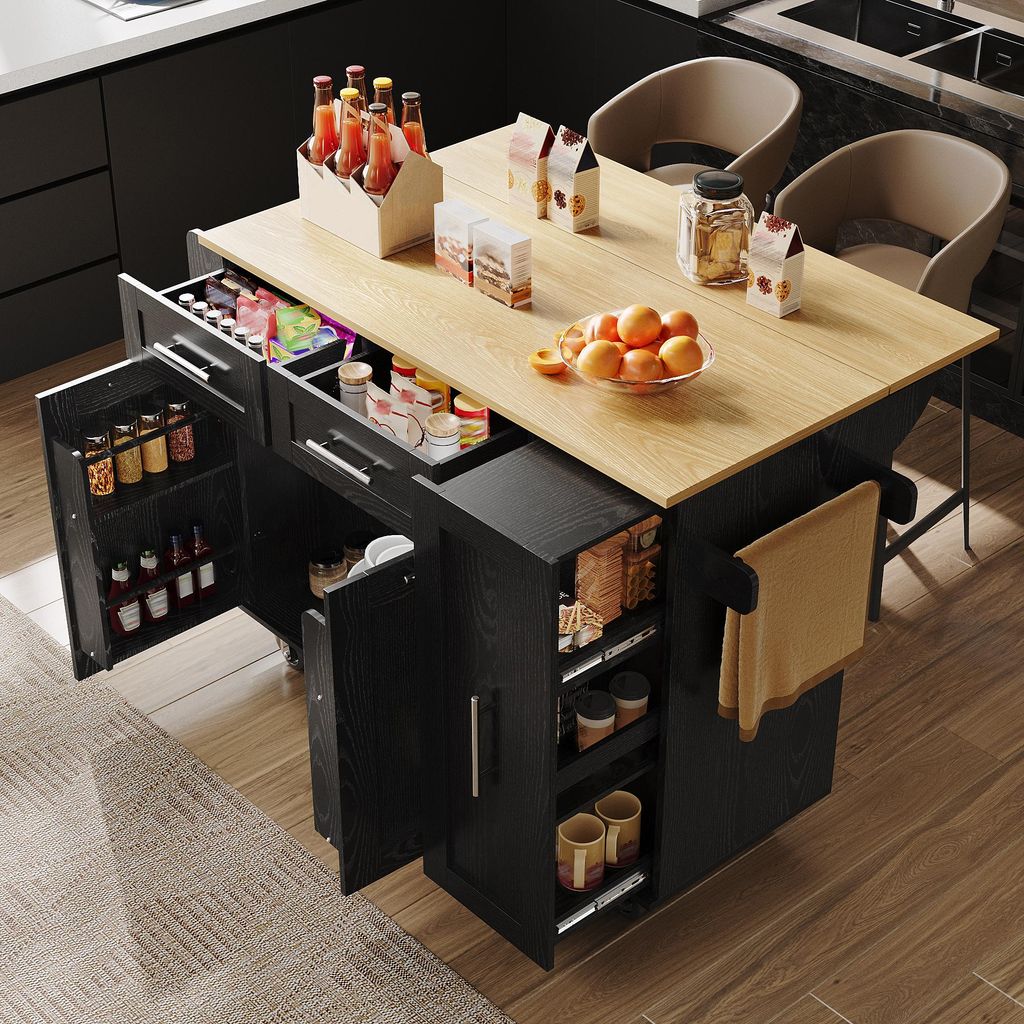 Moderne Kücheninsel Schwarz (110x46-74 cm) mit klappbarer Arbeitsplatte & Snackregal, Mobiler Küchenschrank mit Stretch-Funktionsfächern, Servie...