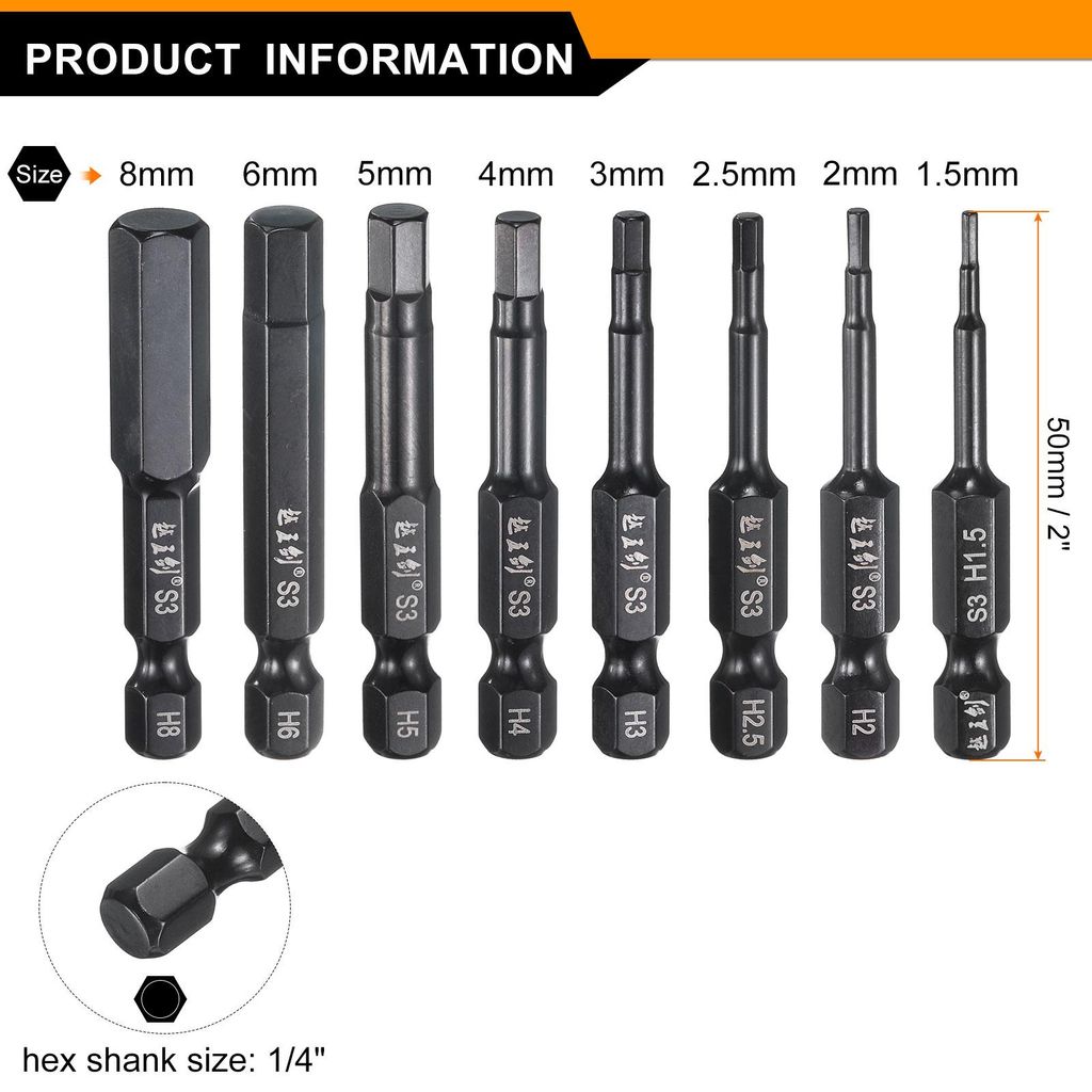 8 Stš¹ck Sechskant Bit Set 1,5/2/2,5/3/4/5/6/8mm Magnetisch Hex Screwdriver Bit 1/4" Sechskantschaft 2"(50mm) L?nge S3 Stahl Treiber Schraubendre...