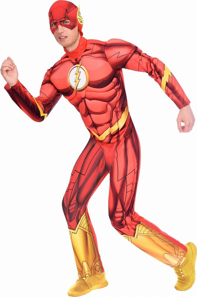 A man wearing a Flash costume, posed in a running stance against a white background.