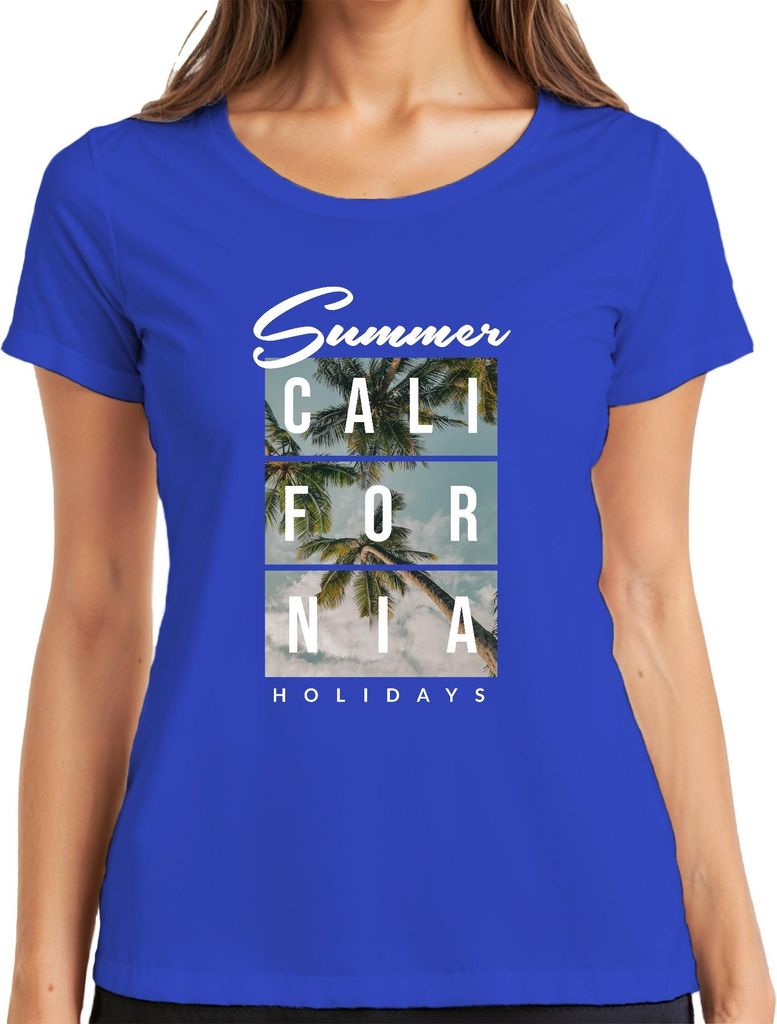 Summer Holidays California Sommer Kalifornien Urlaub Palmen Strand Damen T-Shirt, Blau, S