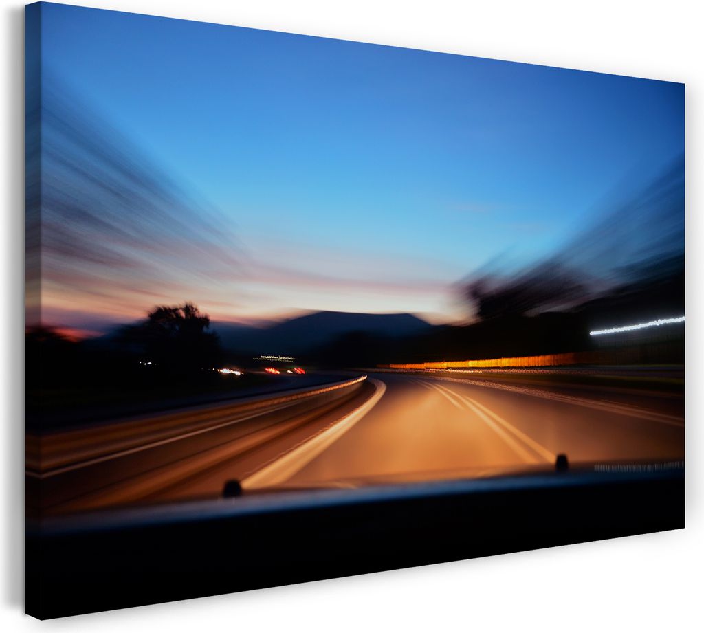 Leinwandbild (120x80cm): Blick aus fahrendem Auto Nachts auf Autobahn, echter Holz-Keilrahmen inkl. Aufhänger, handgefertigt in Deutschland