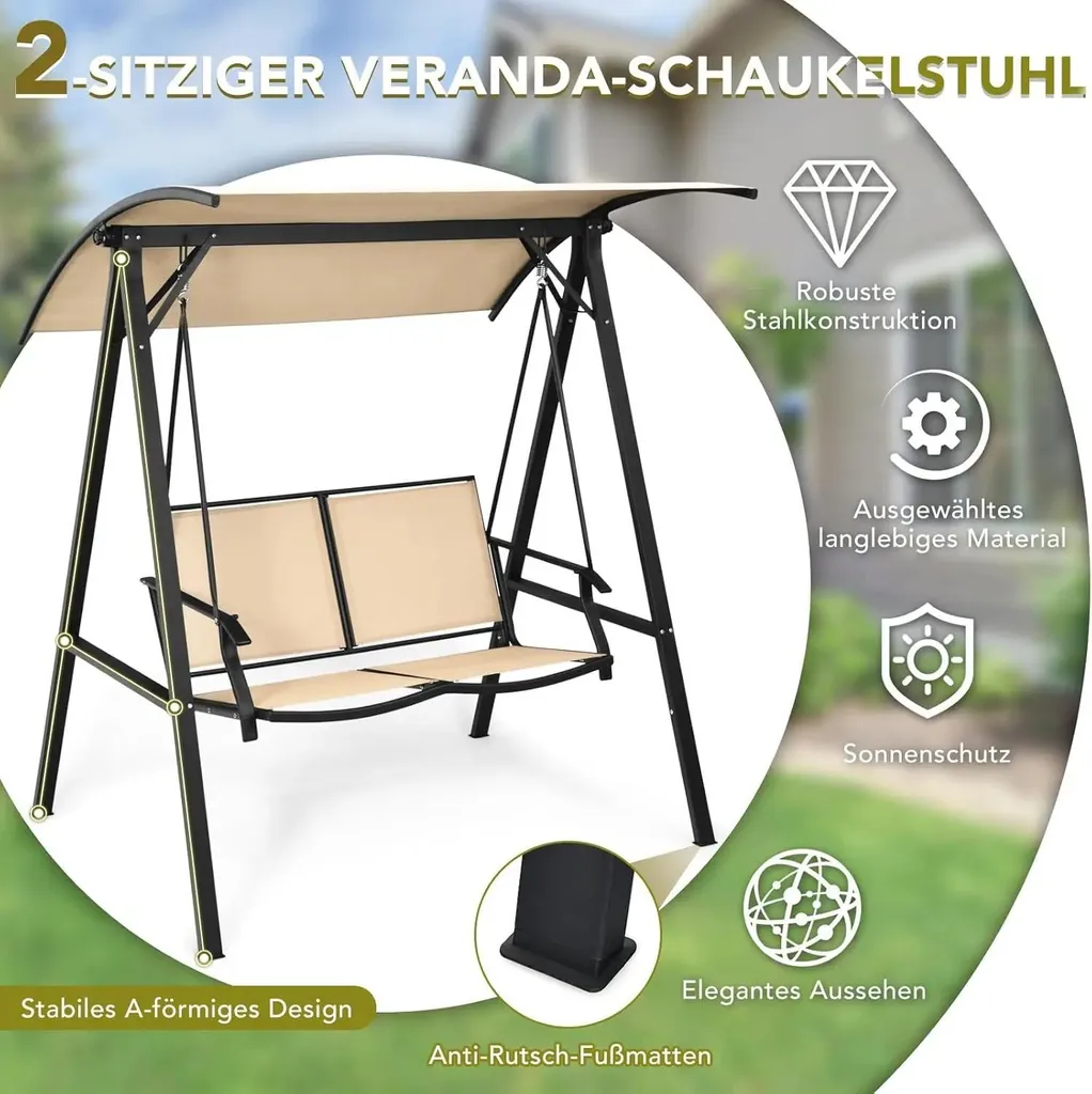 Balançoire de jardin avec toit ajustable et banc 2 places beige chic - 4