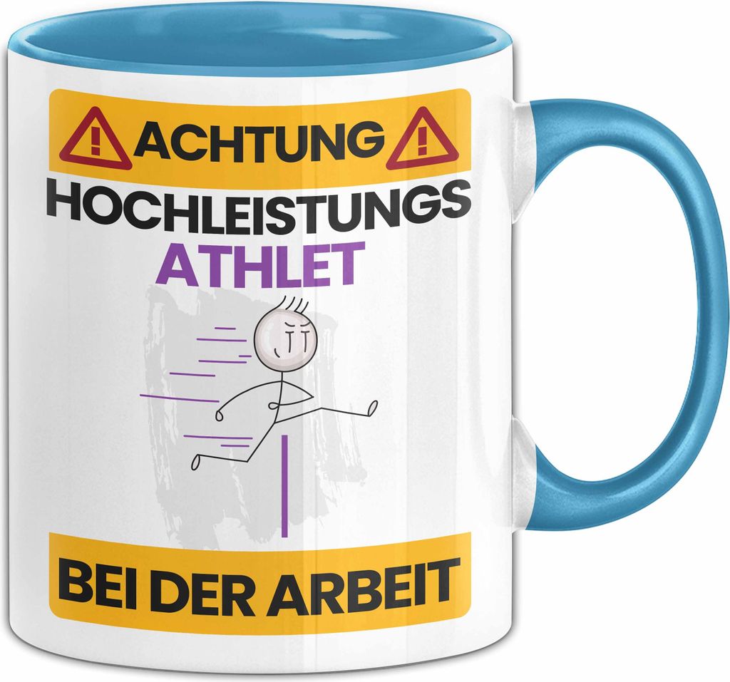 Athlet Tasse Geschenk Lustiger Spruch Geschenkidee für Athlet Achtung Hochleistungs Athlet Bei Der Arbeit (Blau)