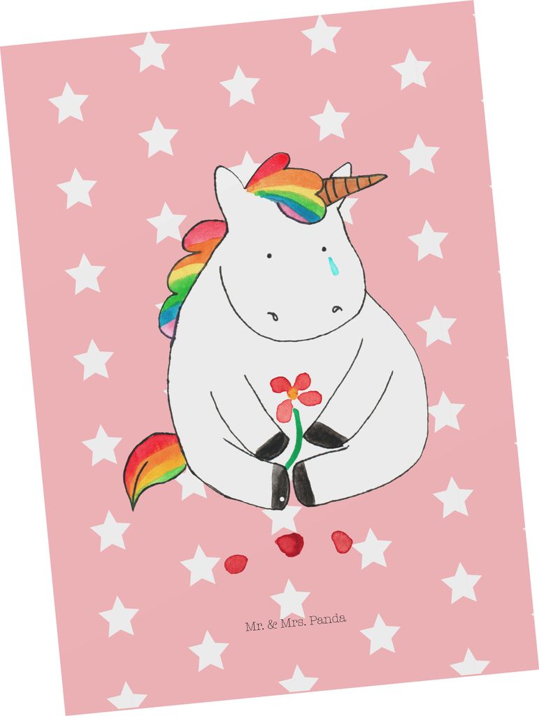 Mr. & Mrs. Panda Postkarte Einhorn Traurig - Rot Pastell - Geschenk, Blume, Grußkarte, Trauer, bildkarte, Liebe, Glitzer, Unicorn, Ansichtskarte, ...