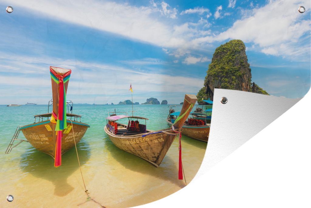 MuchoWow 90x60 cm Outdoor-Poster Gartendeko Sichtschutz Garten Poster für den Garten Asiatische Boote am Strand in Thailand