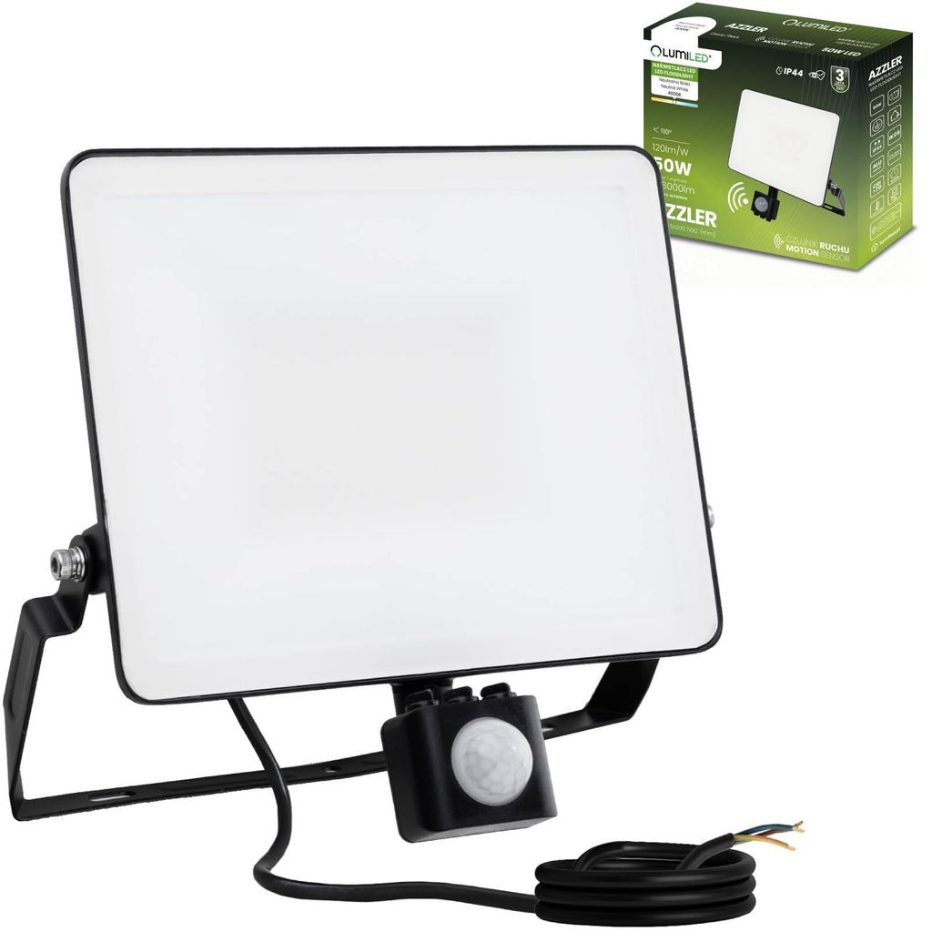 A black LED floodlight with a motion sensor is shown on a white background, with its packaging in the upper right corner.