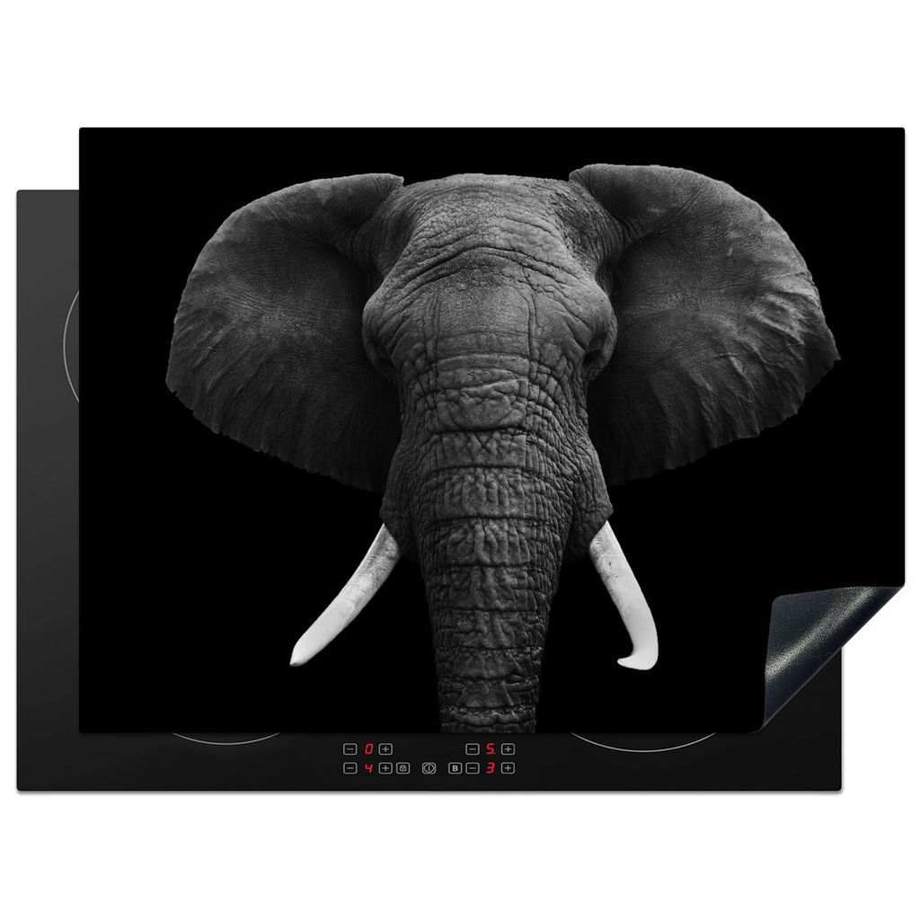 KitchenYeah Herdabdeckplatte Elefant - Wildtiere - Schwarz - Weiß - Porträt , 71x52cm, Küche Deko, Glaskeramikkochfeld Herdabdeckung, Abdeckpl...