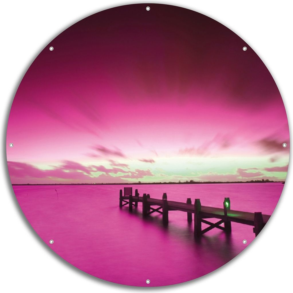 Wallario rundes Outdoor-Poster für Garten oder Balkon, Motiv Steg bei Abenddämmerung -Himmel bei Nacht Lila gefärbt, 60 cm Durchmesser