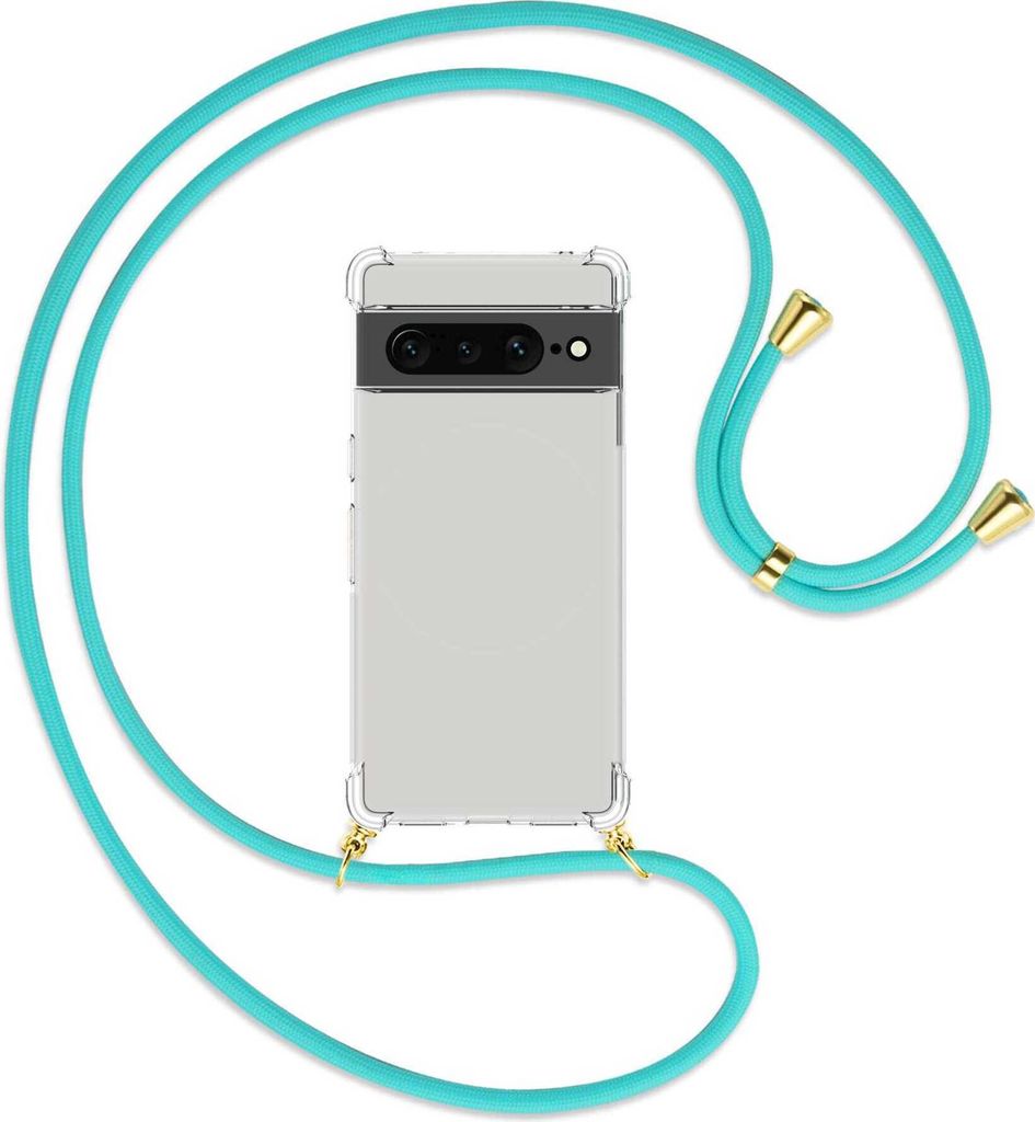 Handykette Backcover-Schutzhülle mit Band (Metall goldfarben) für Google Pixel 7 Pro - türkis