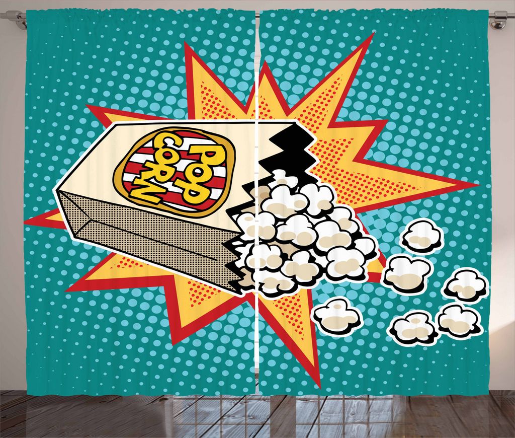 ABAKUHAUS Kino Rustikaler Vorhang, Retro Popcorn, Wohnzimmer Universalband Gardinen mit Schlaufen und Haken, 280 x 225 cm, Mehrfarbig