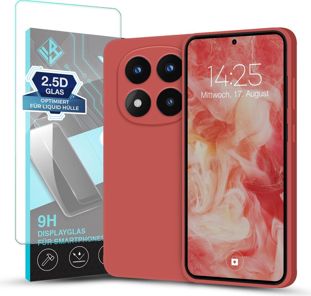 Hülle für Xiaomi Redmi Note 14 Pro 5G mit 9H Displayglas Displayschutz Plus Case Cover Bumper Silikon Softgrip Schutzhülle Farbe: Rot