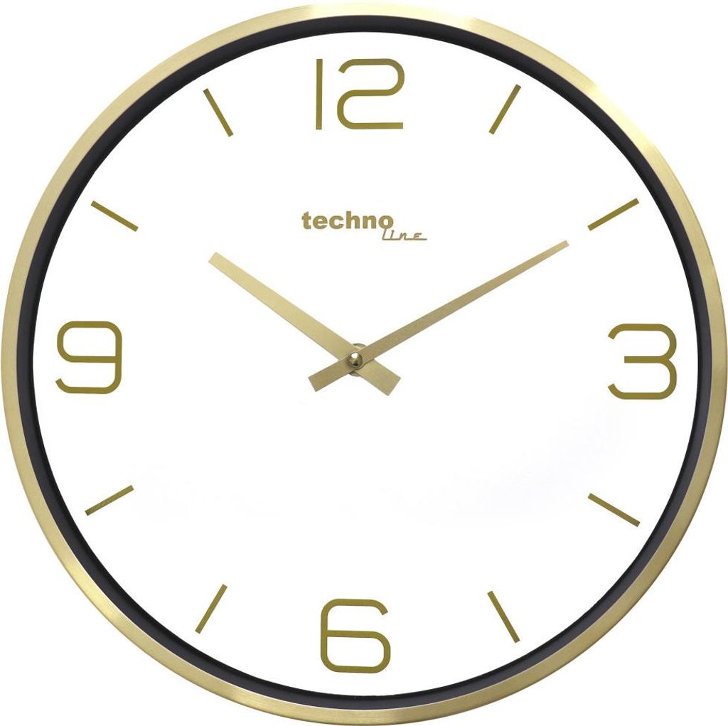 A close-up, front-facing view of a Technoline wall clock with a white face, gold hands, and gold numerals.