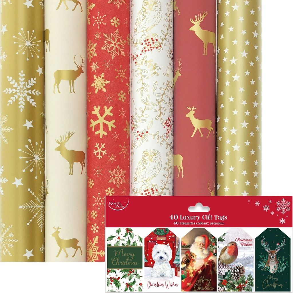 WINTERCHARM Geschenkpapier – Weihnachtspapier und Geschenkanhänger – 200 x 70 cm – 8 Rollen