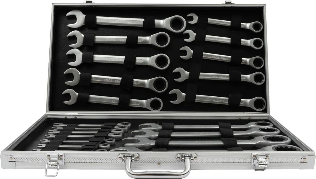 Schraubenschlüsselsatz - Ratschen-Ringschlüssel - 22-teilig - 6–32 mm - Mit Koffer - Silber