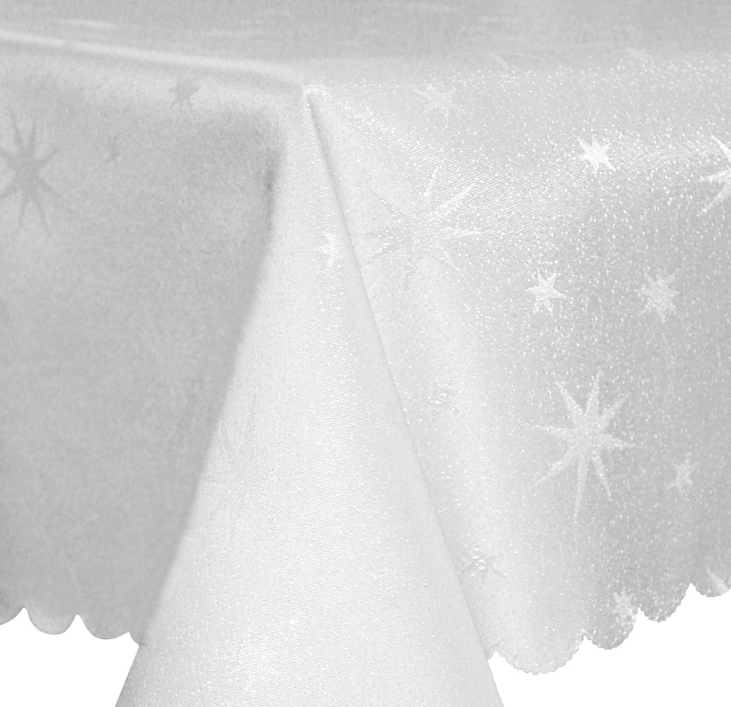 Tischdecke 135 x 180 cm oval weiss Polyester Sterne Weihnachten Tischwäsche glänzend weihnachtlich