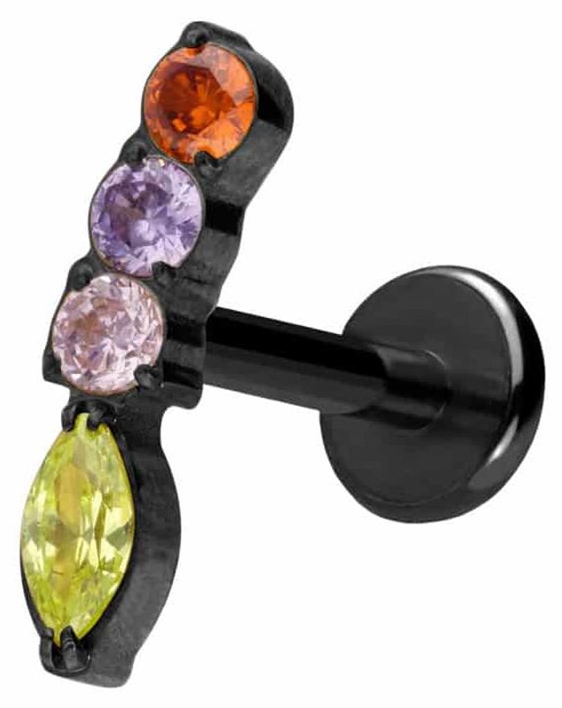Ohrpiercing, Nasenpiercing Titan Labret mit Push Fit BUNTER KRISTALLBOGEN Schwarz Stablänge: 9mm | Stabstärke: 1,2mm