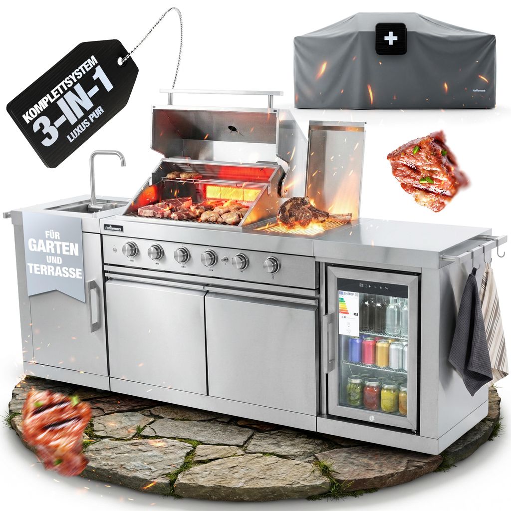 Flammenwerk Outdoor-Küche Edelstahl 6-Brenner 24,1 kW mit Spüle, Kühlschrank & Abdeckhaube