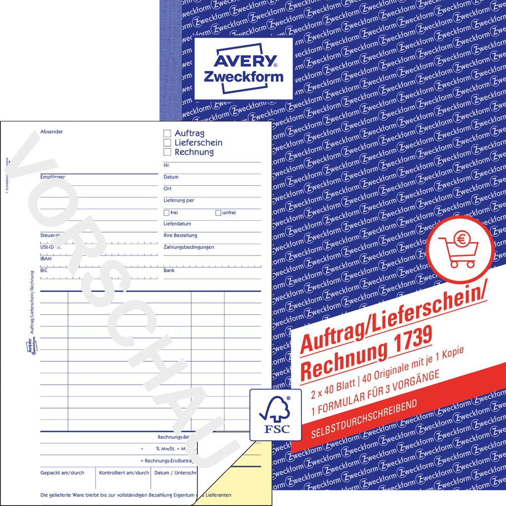 Avery Zweckform 1739, Auftrag/Lieferschein/Rechnung, A5, selbstdurchschreibend, 2x40 Blatt