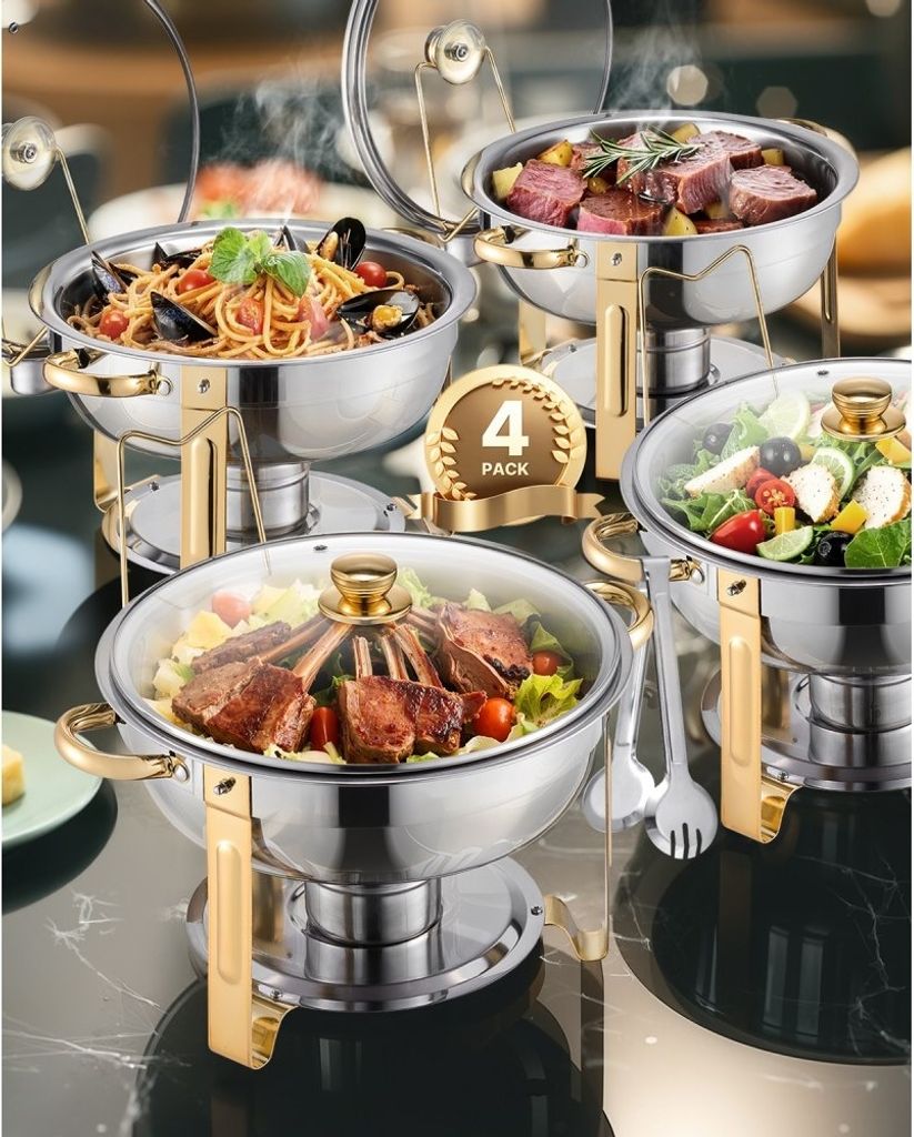 Chafing Dish Set 4,7L - Buffet Speisenwärmer mit Gold Glasdeckel - Rund Party Buffet Wärmer - Hochwertiger Chafing-Dish-Set