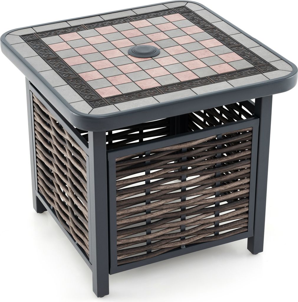 COSTWAY Beistelltisch Polyrattan, Gartentisch mit Harz-Tischplatte und Schirmloch, Balkontisch wetterfest 55 x 55 x 50 cm