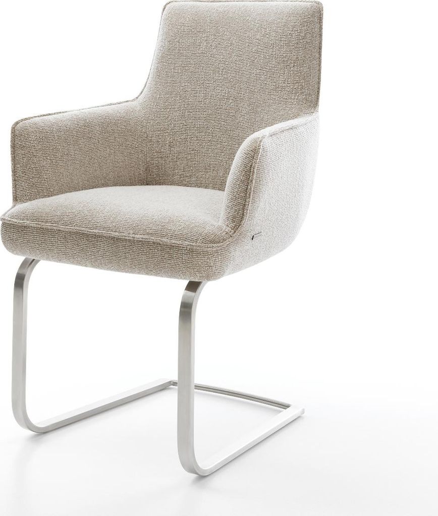 DELIFE Freischwinger Heira-Flex mit Armlehnen Webstoff Soft Beige Freischwinger flach Edelstahl Taschenfederkern