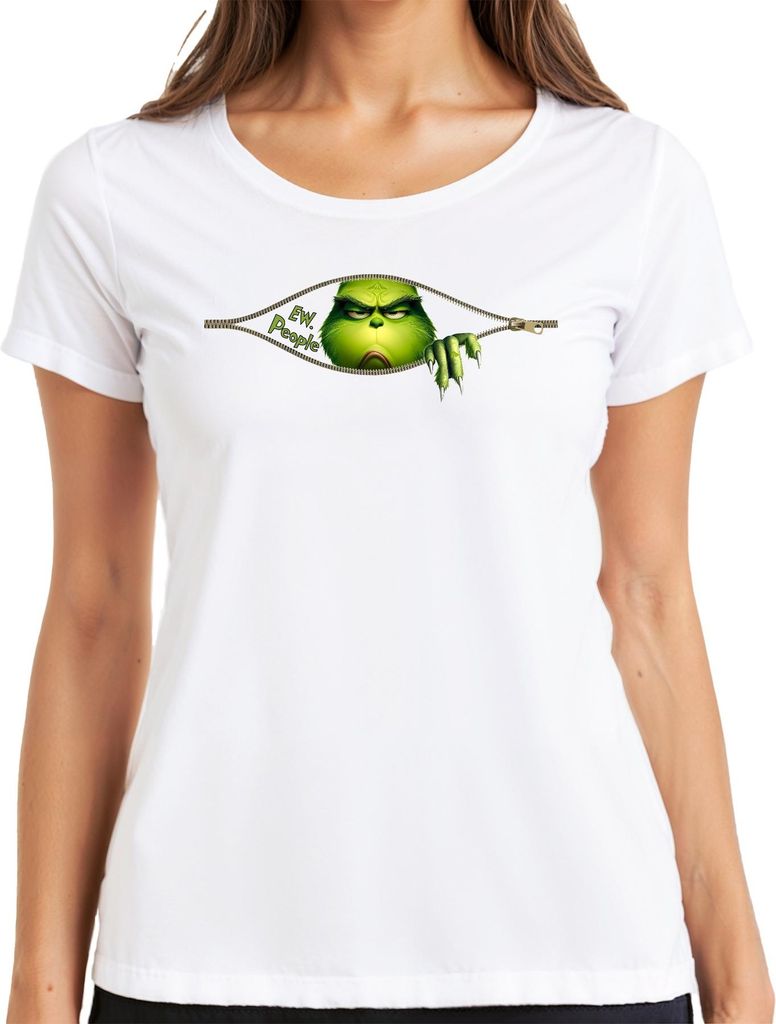 Ew People Grinch Reißverschluss frech lustig Weihnachten Damen T-Shirt, Weiß, L