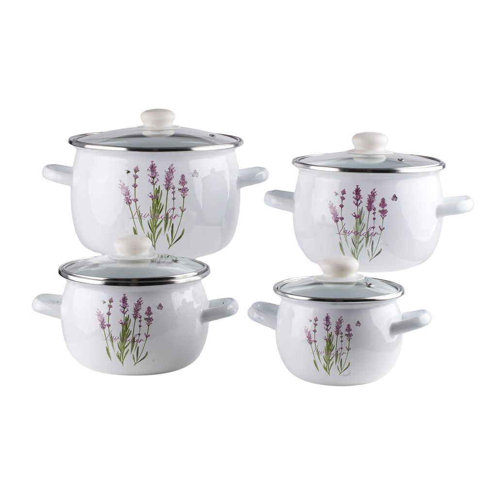 Emaille Topfset LAVENDEL 8-teilig – 4 Kochtöpfe mit Deckel Produktbild 