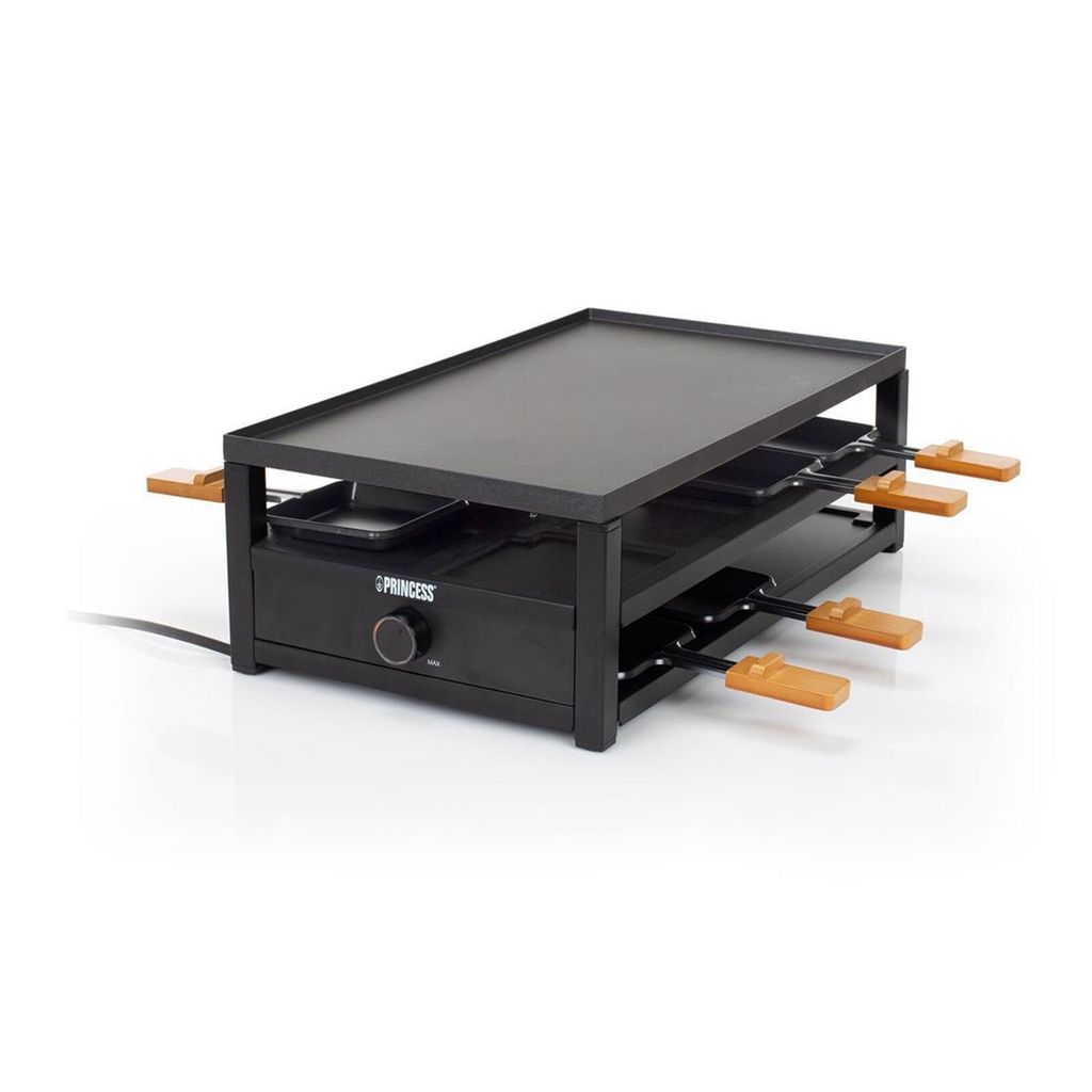 A black raclette grill with wooden handles, shown on a white background.
