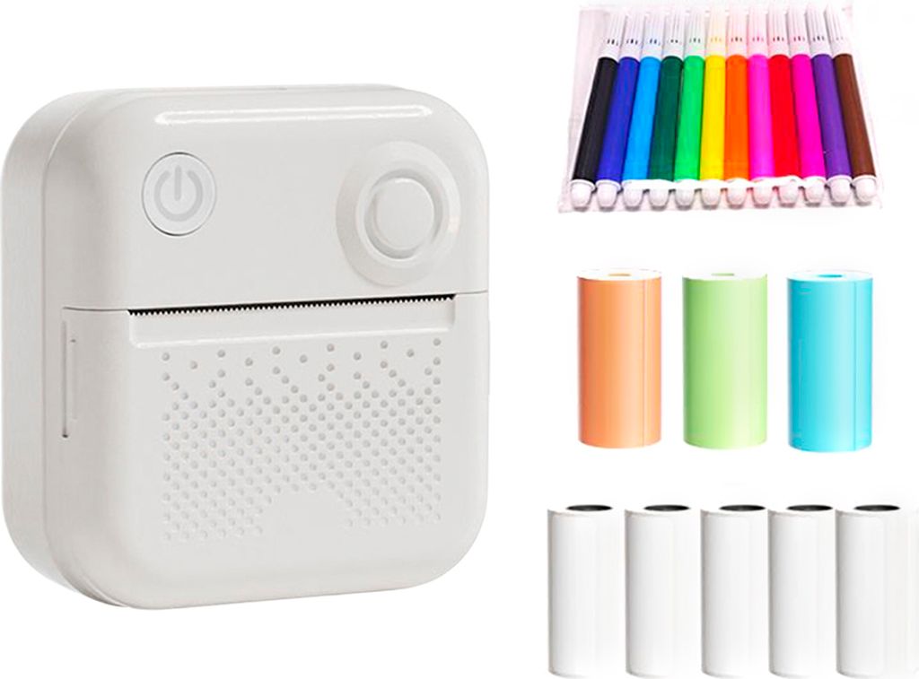 Mini-Thermodrucker, Sofortfotodrucker, BT Verbindung,kompatibel mit Android/iOS, mit 4 Thermopapierrollen + 5 Thermoetikettenrollen + 12 Markern