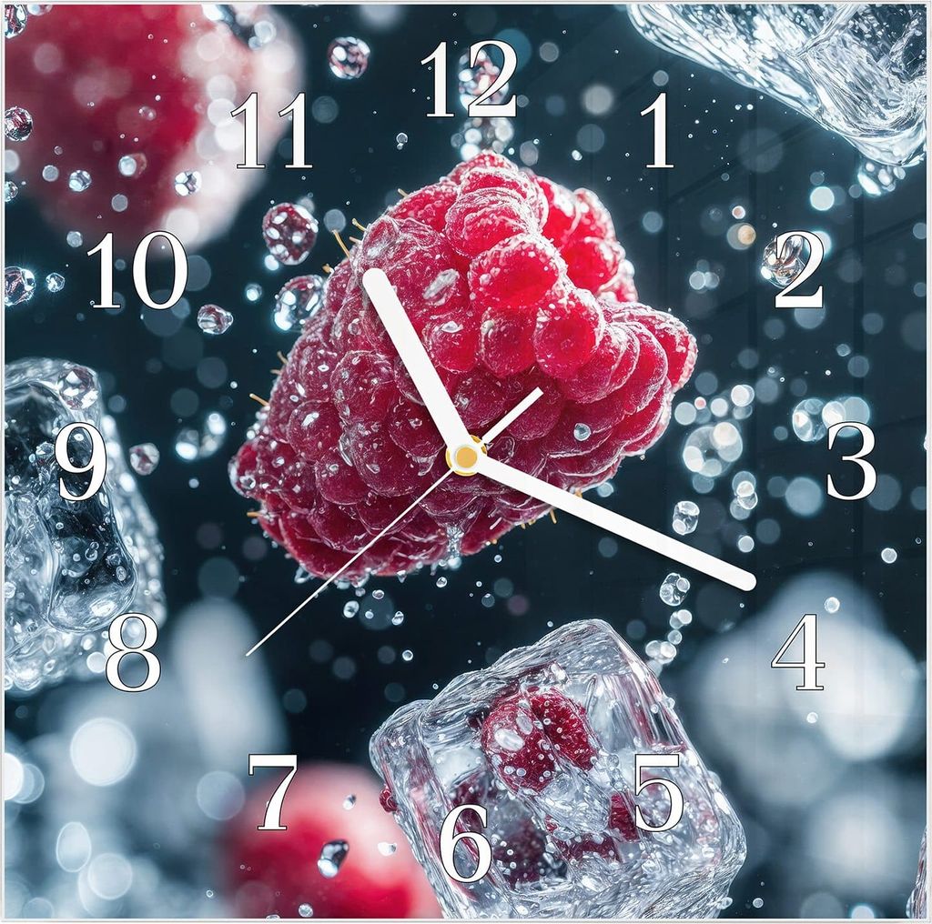 Wanduhr aus Glas mit Motiv Himbeeren im Regen- 30 x 30 cm - inkl. Aufhängesystem