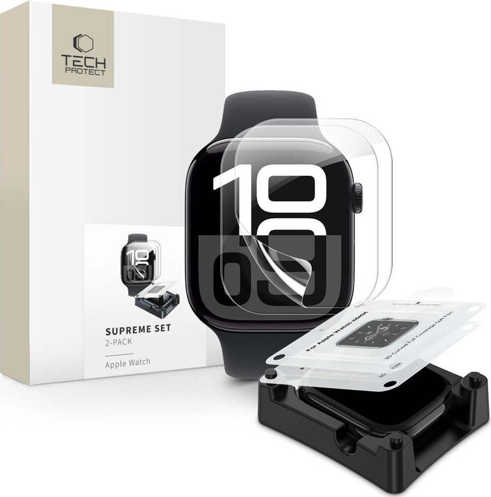A product shot of an Apple Watch screen protector set, with the packaging and the product itself displayed.