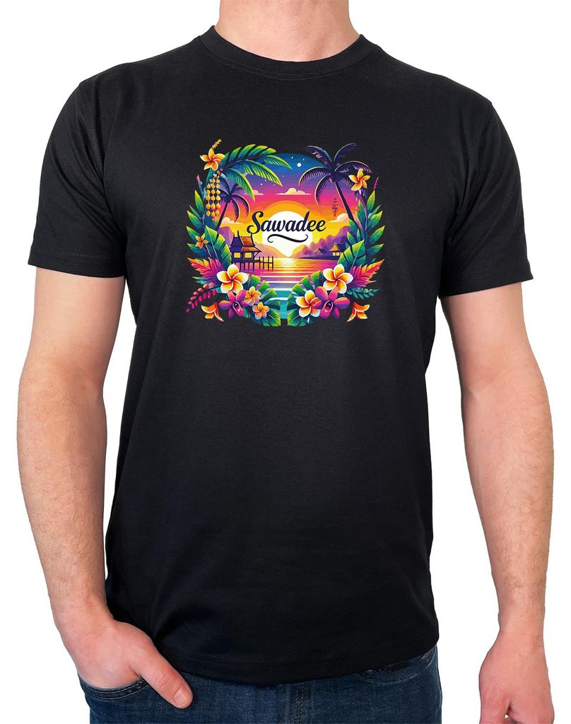 Huuraa Herren T-Shirt Sawadee thailändische Begrüßung M Black Bio Baumwolle Fairtrade Herrenshirt Geschenkidee