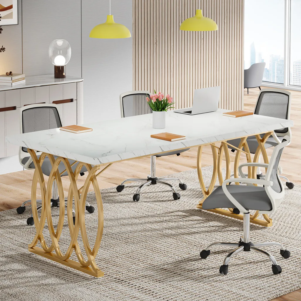 Table salon rectangulaire blanche et or 160 x 80 cm, design chic - 6