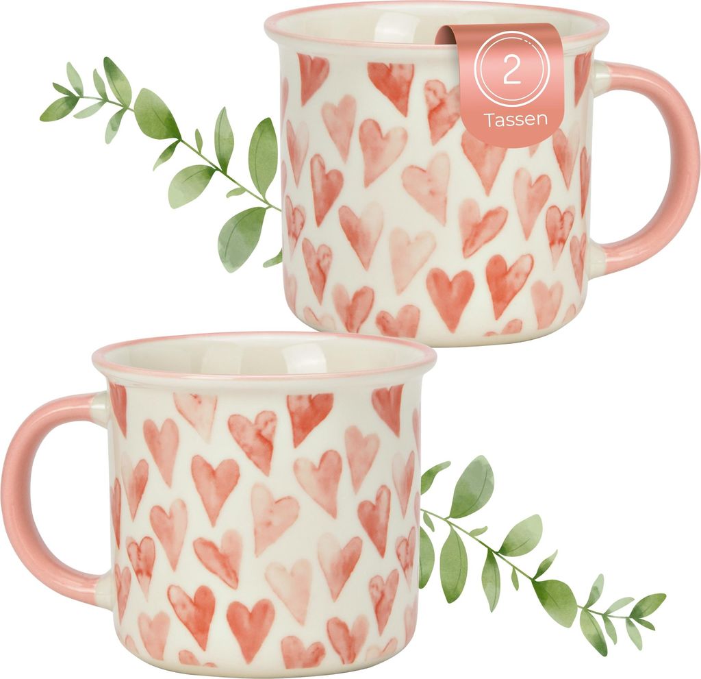 Kaffeetassen Herz-Design Rosa, Kaffeebecher 2er Set, 370 ml
