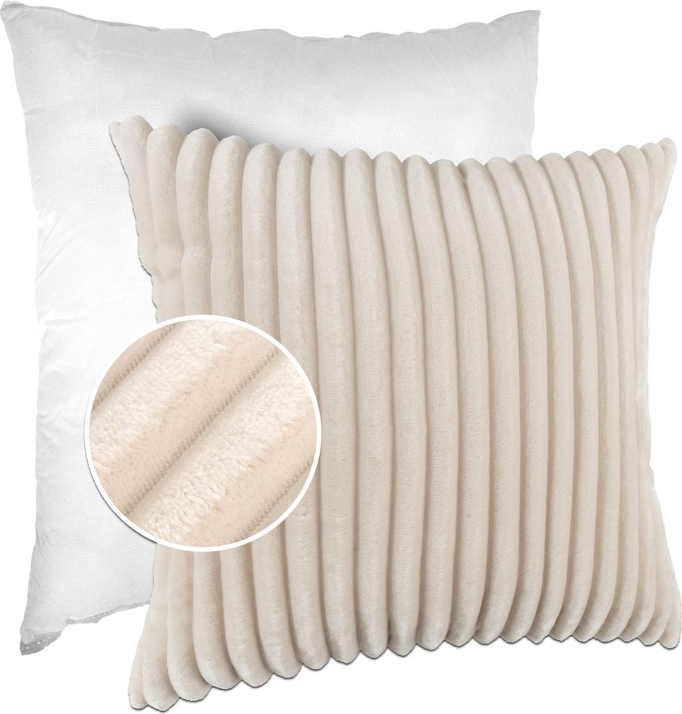 Dekokissen LILLI BIG CORD Velour mit Reißverschluss 50x50cm Einfarbig UNI Elfenbein Sofakissen pflegeleicht
