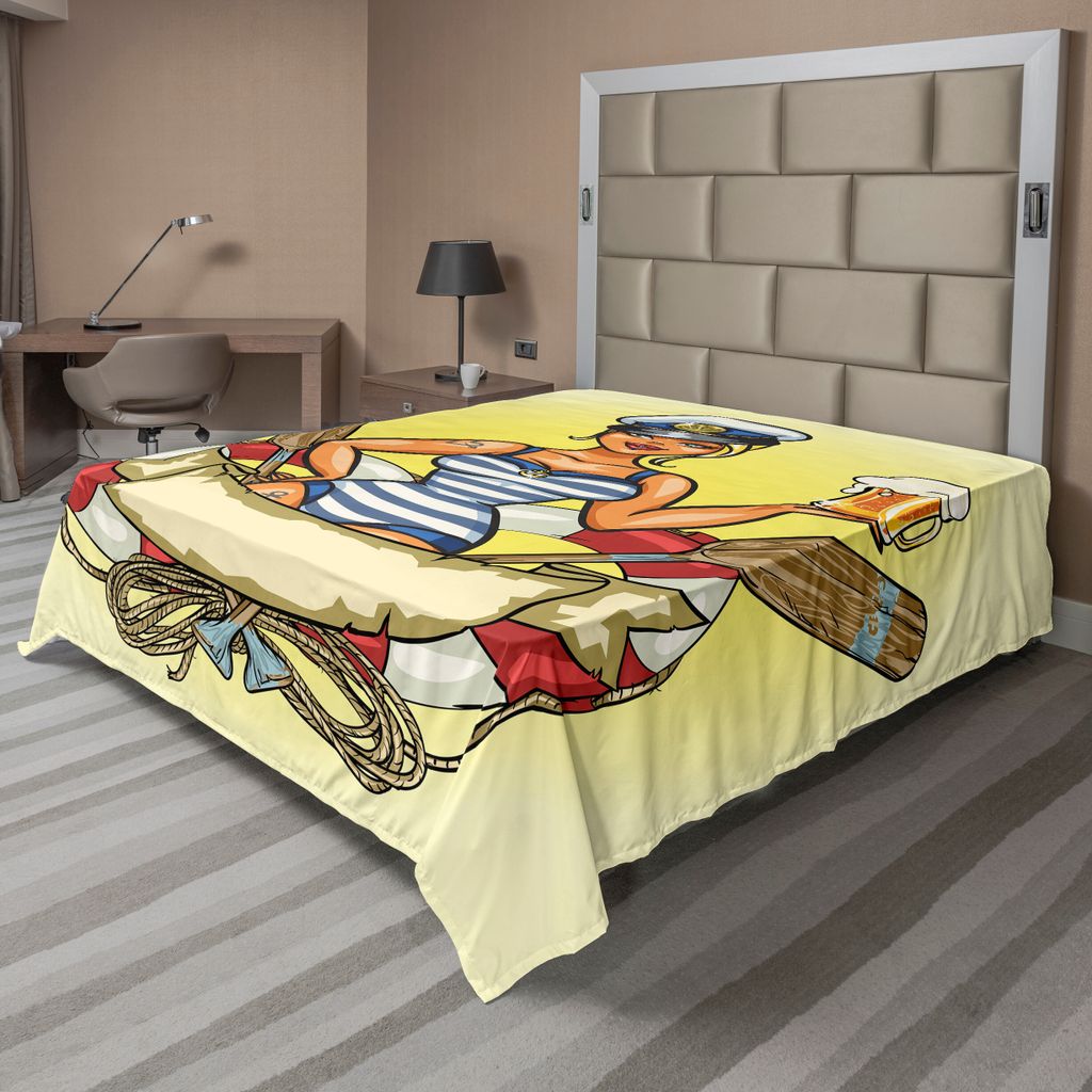 ABAKUHAUS Retro Bettlaken, Pin Up Sexy Seemann Mädchen Lifebuoy Mit Kapitän Hut Und Kostüm Glas Bier Feminine, weiches bequemes oberes Bettlaken...