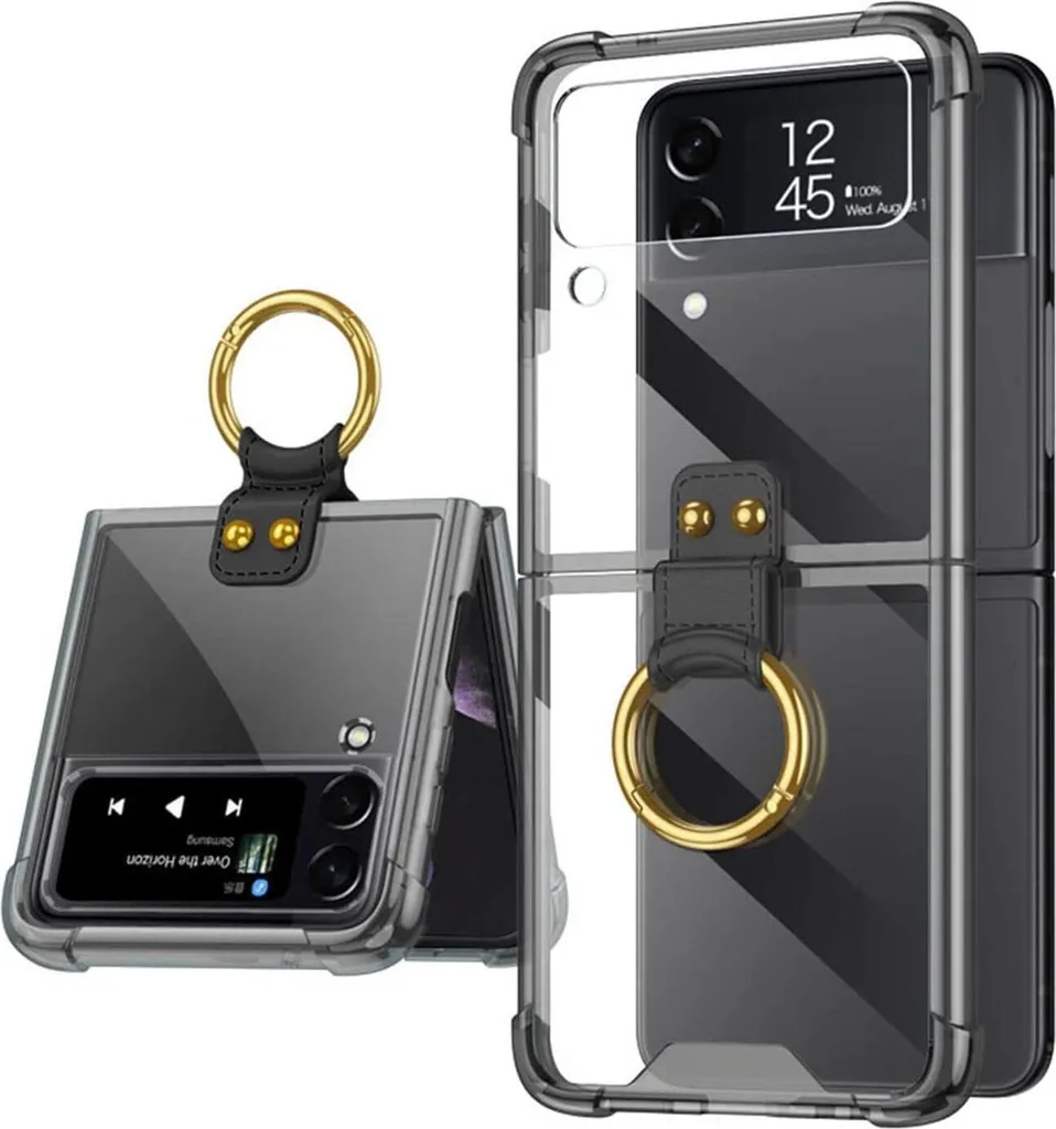 Custodia per Galaxy Z Flip 3 5G, sottile custodia rigida trasparente antiurto con supporto ad anello nero