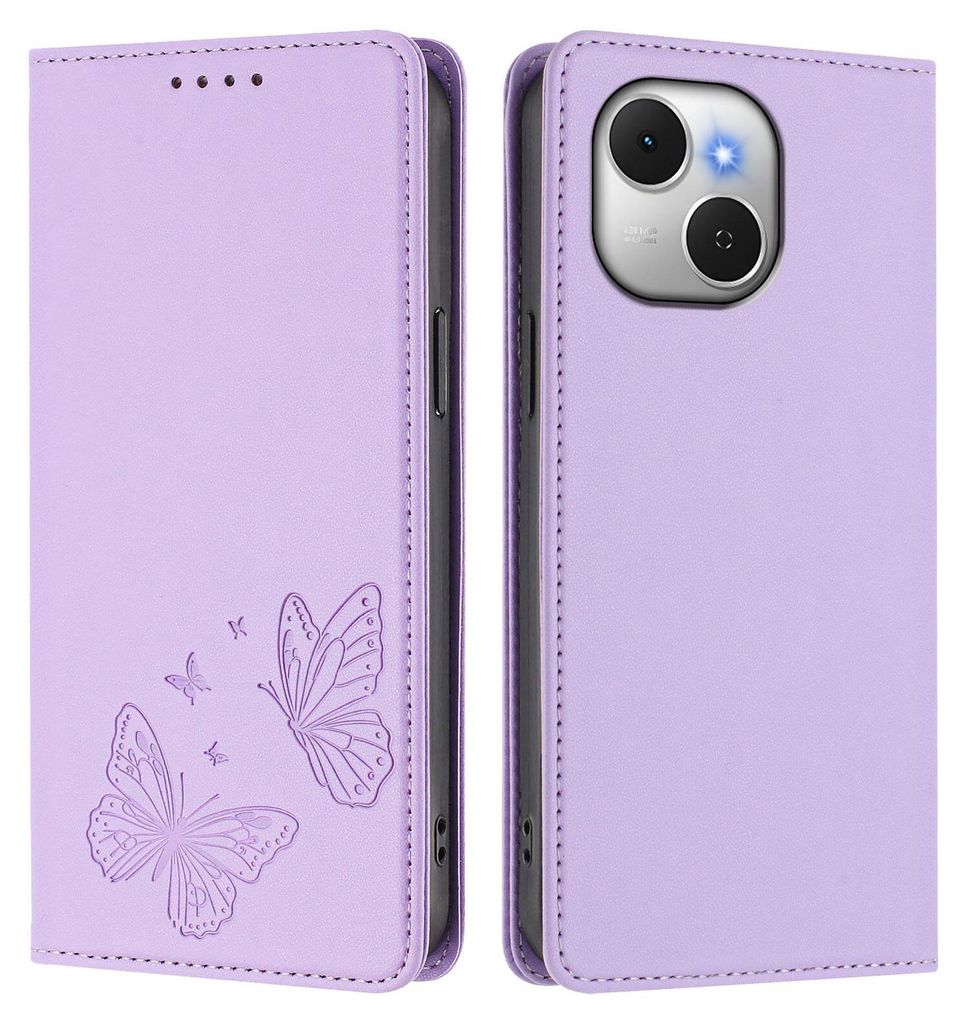 Lederhülle für Tecno Spark 40C, Schmetterling Prägung Leder Brieftasche Schutzhülle mit Ständer Violett